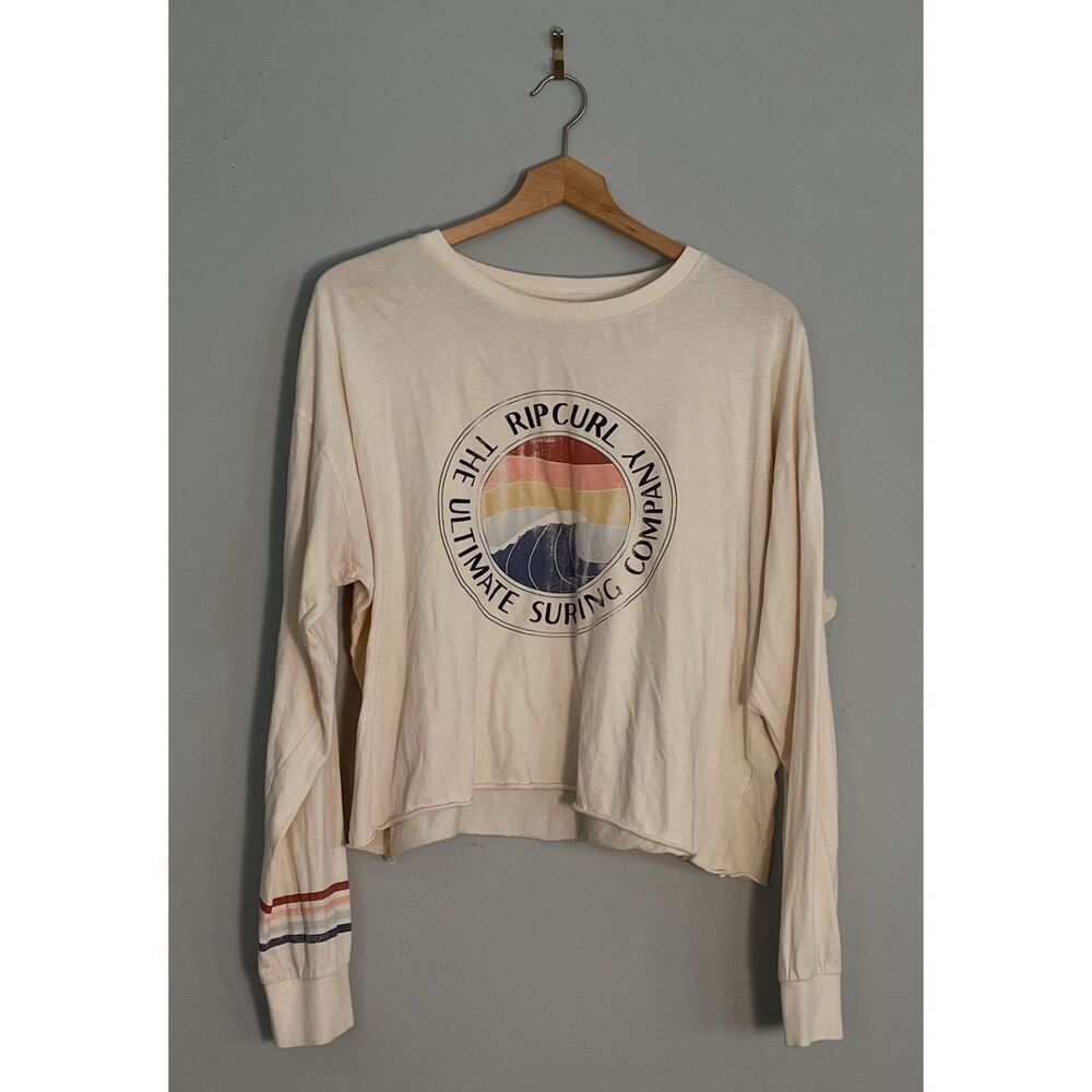 Rip Curl Cropped Long Sleeve Tee XL Cream Retro Surf Graphic Boxy Crop Top